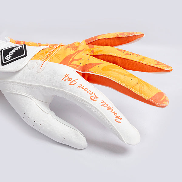 Golf glove [tropical] (orange) worn on left hand